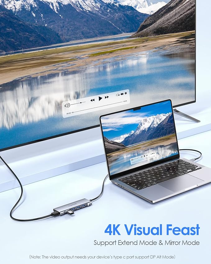 LENTION 3.3FT Long Cable USB C Hub with 4K HDMI, 100W PD Charging, 4 USB 3.0 Port & LED Indicator for MacBook Pro/Air, Dell XPS, HP, Chromebook, More, Stable Driver Adapter (C35-1M, Space Gray)