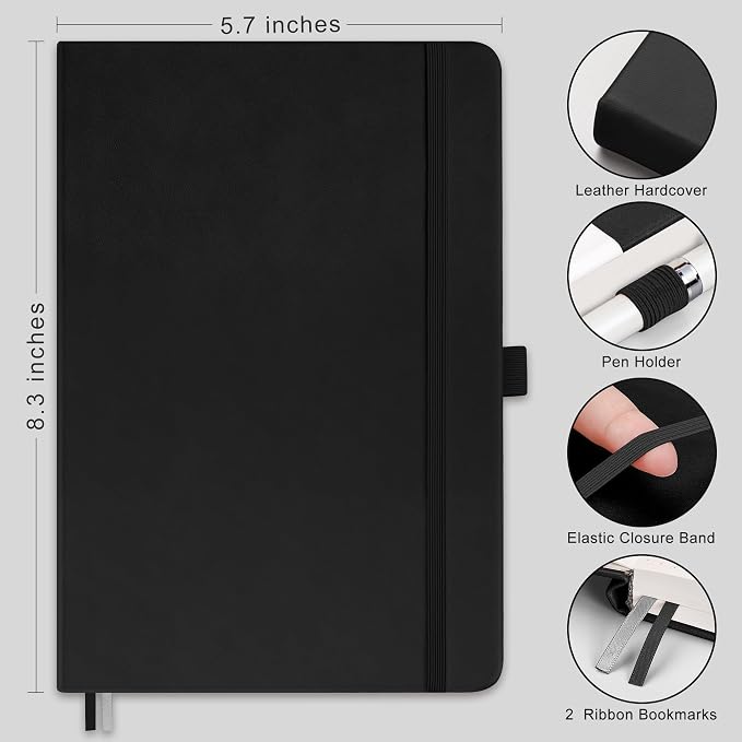 RETTACY Dotted Journal Notebook, 320 Numbered Pages, A5 Medium Size (5.7'' × 8.3''), Leather Hardcover, 100 GSM Thick Paper, for Journaling, Planning, Tracking (Black)