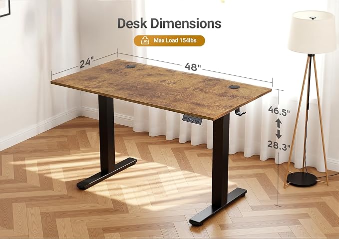 Seang Electric Height Adjustable Standing Desk, 48 x 24 Inch Sit-Stand Desk with Stable T-Shaped Frame, 3 Memory Buttons & Cable Organization for Home Office Workstation, Black Frame/Rustic Brown Top