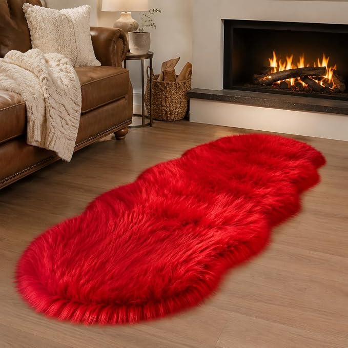 EasyJoy Ultra Soft Faux Fur Rug Fluffy Sheepskin Rug for Bedroom Living Room Sofa Bedside Floor(2 x 6 ft Sheepskin, Red)