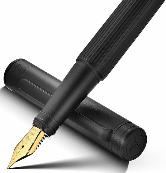 Matte Black Fountain Pen, Exquisite Vertical Grooving Design, Ink Converter, 18K Gilded Nib (Extra Fine), Fancy Gift Set for Men & Women, Office, Smooth Writing Calligraphy Pens