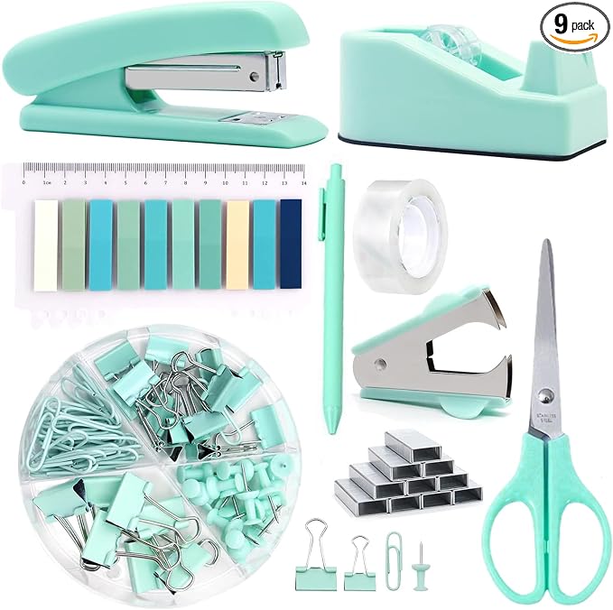 Office Supplies,Green Desk Accessories,Office Supplies Set,Stapler and Tape Dispenser Set,Scissors,Staple Remover,Binder Clips,Staples,Ballpoint Pen,Index Tabs with Ruler,Clear Tape.9pcs for Office