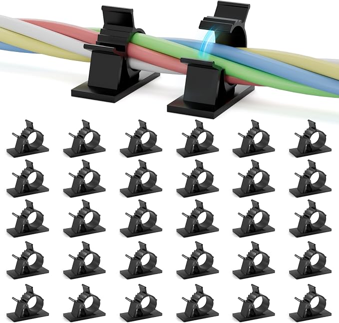Viaky 30Pcs Black Wire Clips,Self Adhesive Cables Clips Cable Organizer | Adjustable Cable Organizer Cord Holder for RV, Car, Workshop, Audio Cables,Cables Clamps for 0.5 Inch (12.5mm) Cables