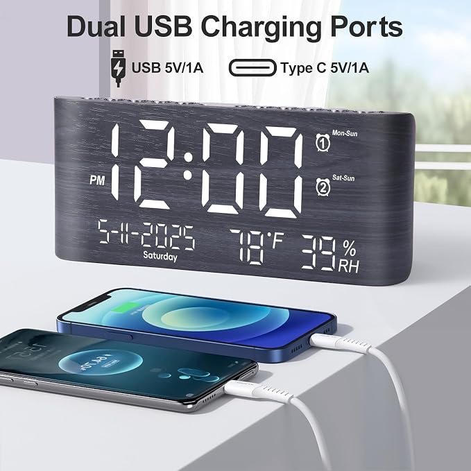 PPLEE 8.7-Inch Large Display Digital Alarm Clock, Dual Alarms & 2 USB | Day, Date, Temperature & Humidity Display, Adjustable Brightness, Snooze and Dual USB Charging for Bedroom and Heavy Sleepers