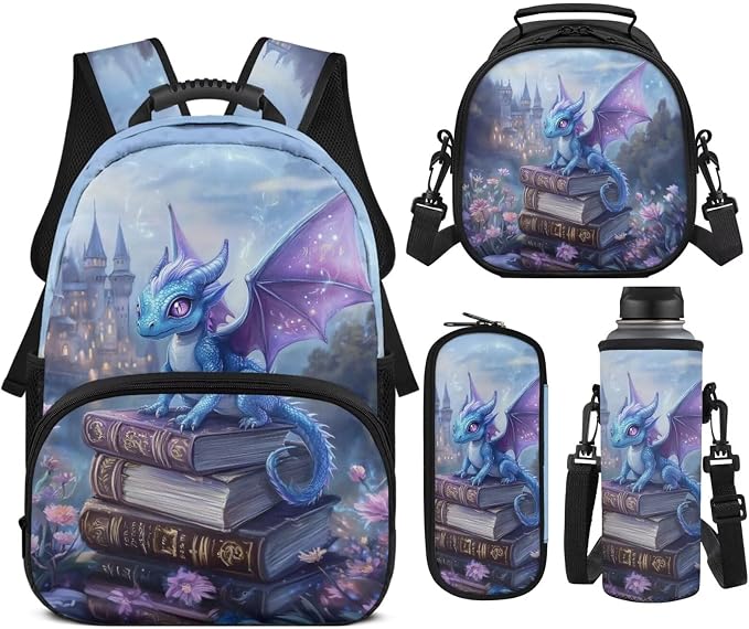 Kawaii Dragon Girls School Backpack Set 4 PCS, 17 Inch Cute Cartoon Dragon Bookbag with Lunch Bag for Elementary Kids Ages 6-8 Back to School, Book Lover
