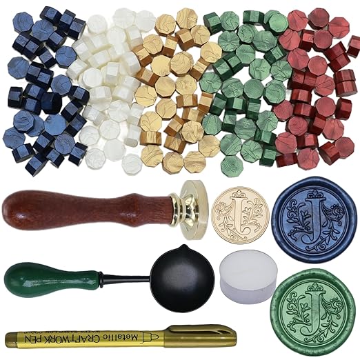 Initial Alphabet Wax Seal Stamp Kit, Retro Letter Sealing Stamp with 150Pcs Sealing Wax Beads Spoon Pen Set for Wedding Invitations Cards Envelopes (J)