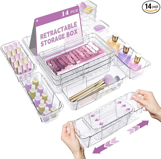 14 Pcs Clear Drawer Organizer, Adjustable Drawer Storage Box, 3-Size Desk Drawer Organizer, Acrylic Storage Bins for Makeup, Cosmetic, Kitchen Utensils, Bedroom Dressers Tool Organizer for Gadgets