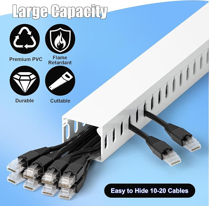 1.4"H x 1.6"W Cable Raceway, 99in Under Desk Wire Management Channel, White | Slotted Wire Duct, 6Pack, 16.5in Each, Heavy-Duty PVC Cable Management for Server Racks, Network Cables & Electrical Cabinets