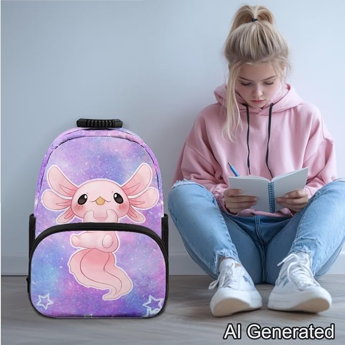 Ystardream Large Capacity Backpack for Boys Galaxy Axolotl Backpack and Lunch Box Set 4 Piece Student Back To School Book Bag with Soft Pencil Case,Water Bottle Covers for Teens Kids Daily Use