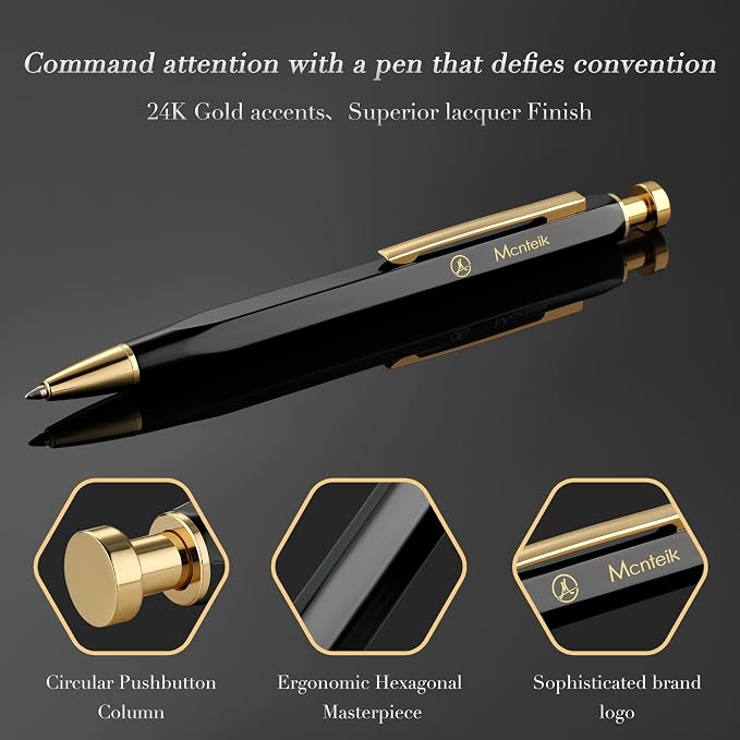 MCNTEIK Black Click Pen With 24K Gold Finish, Fine lacquer work, Exquisite Gel Pen Gift Set for Men & Women, ADMOK Black refill, Office Supplies, Professional, Executive, Nice Retractable Pen