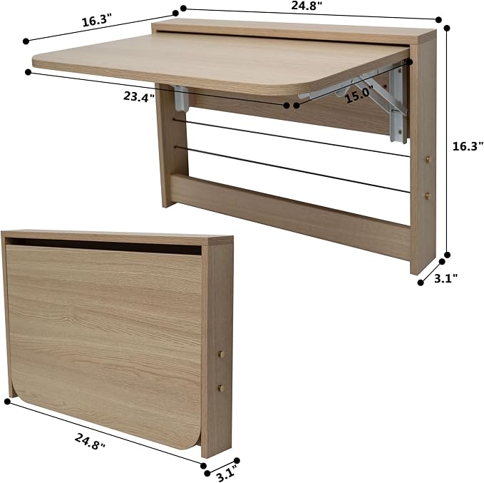 Folding Wall Table, Fold Down Table Wall Mounted, Floating Desk for Wall, Functional Hanging Desk for Home Office Workstation, Laundry Room, Kitchen Dining (24.8 * 16.3inch, Wood Color)