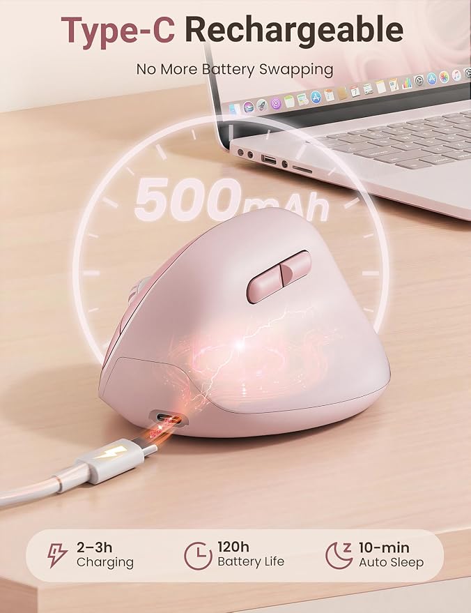 Ergonomic Vertical Wireless Mouse, 57°, Small/Medium Hands, Pink | Rechargeable, Quiet Click, 800/1200/1600 DPI, 2.4GHz USB Receiver, Forward/Back Buttons, Computer Mouse for Laptop PC Mac