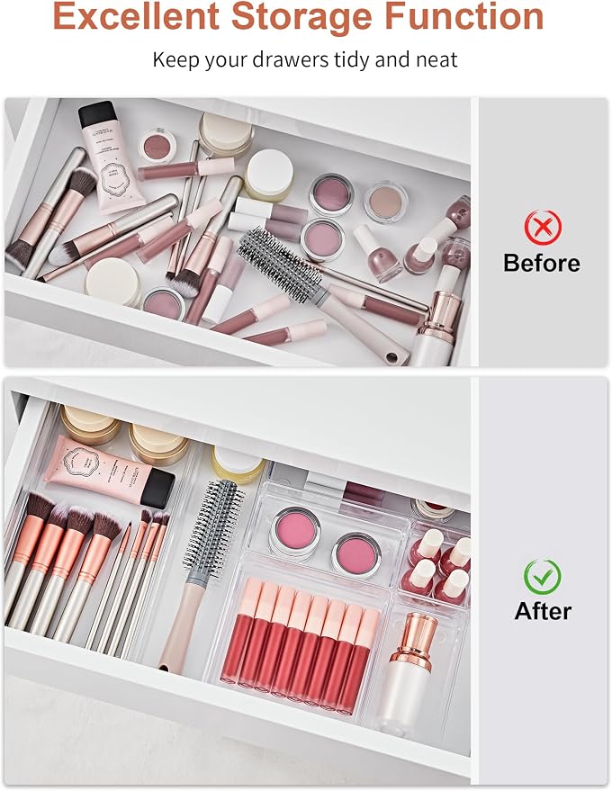 SMARTAKE 30-Piece Drawer Organizer with Non-Slip Silicone Pads, 7-Size | Desk Drawer Organizer Trays Storage Tray for Makeup, Jewelries, Utensils in Bedroom Dresser, Office and Kitchen (Clear)