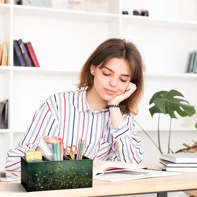 Moody Floral Pen Pencil Holder for Desk, Desk Pen Organizer Dark Green Wildflower Botanical Green Wooden Office Pencil Cup for Home Room Office Bedroom Desk Accessories Tabletop Decorations