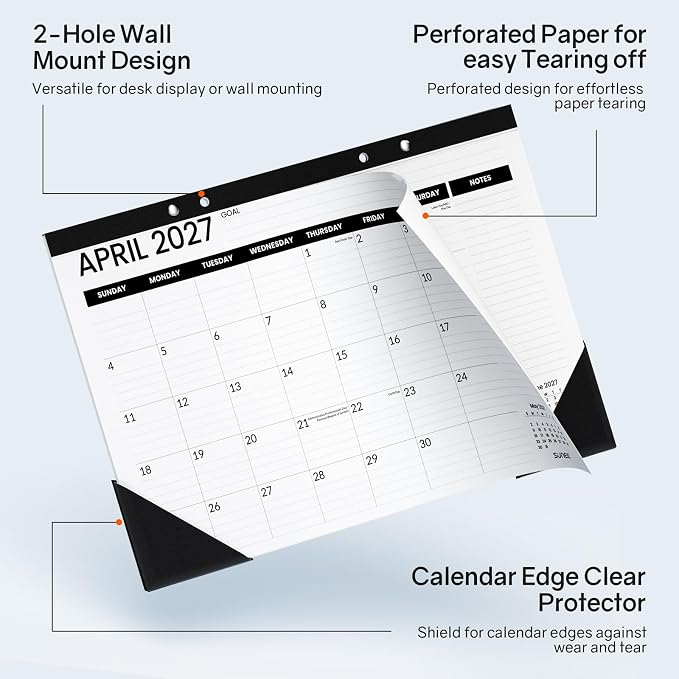 SUNEE Desk Calendar 2026-2027, 17" x 12", 18-Month Monthly Desk Calendar from Jul. 2026 - Dec. 2027, Academic Desk Calendar with Notes Section for Teacher, School, Black With Note