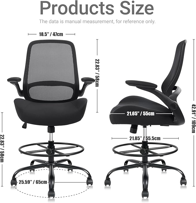 HYLONE 400lbs Big and Tall Heavy Duty Drafting Chair 5" Thickened Seat Tall Office Chair Flip-Up Armrests Ergonomic Chair with Lumbar Support and Adjustable Footrest Ring Standing Desk Chair (Black)