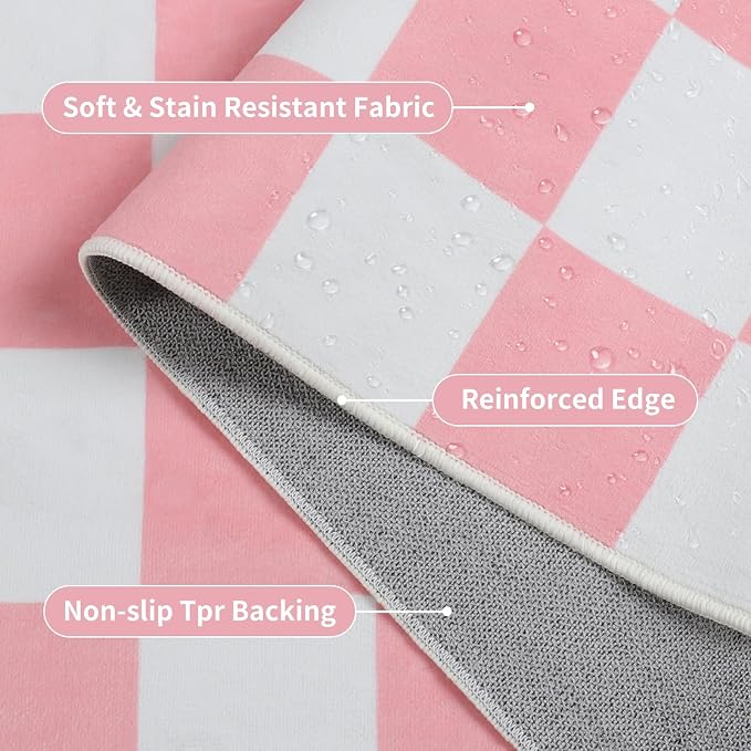 Terrug Pink and White Checkered Rug for Bedroom,4x6 Area Rugs Washable with Non Slip for Living Room,Soft Low Pile Stain Resistance Retro Carpet for Dorm Kids Room