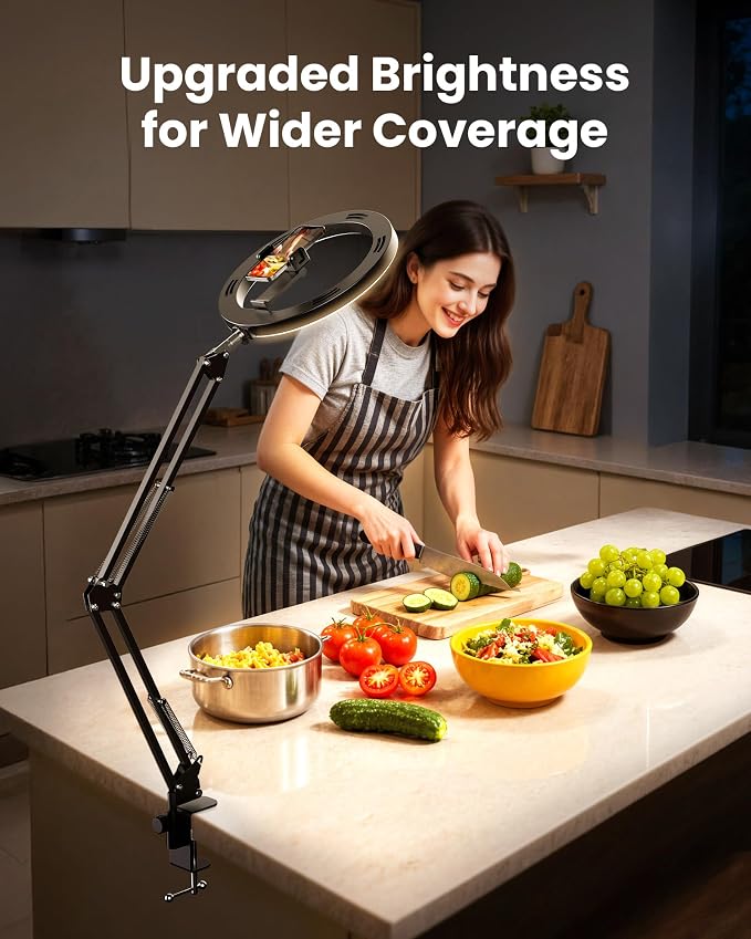 Pro Bright Overhead Ring Light with Clamp for Desk, Plug-in Powered for Stronger Lighting, Flexible Arm Phone Mount for Video, Cooking, Crafts & Livestream (18W)