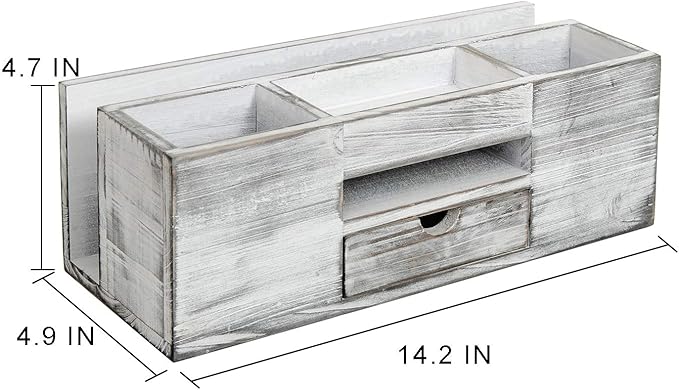 Liry Products Whitewashed Wooden Desktop Organizer Multiple Compartments Rack Shelf Drawer Tabletop Wood Storage Cabinet Office Supplies Caddy Document Stationery Holder Accessory Sorter Vanity Home