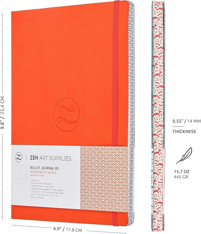 Soft Cover Large B5 Dotted Journal - Enjoy Bullet Journaling with a 7x10-inch, Non-Bleed Thick 120gsm Paper, Dot Journal in Orange, Japanese Edge Motif - Faux Leather Lay Flat Dot Notebook