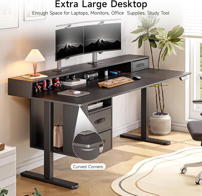 ONBRILL Standing Desk with Drawers, 55x24 Inch Electric Stand Up Desk with 3 Drawers and Open Storage Shelf, Adjustable Height 28-46 Inches for Home and Computer Workstation, Black