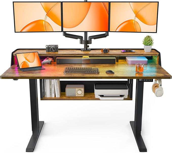 ErGear Electric Standing Desk, 55x28 Inch Adjustable Sit Stand Desk with Bookshelf & Monitor Stand, Standing Gaming Desk with LED Light Strip, Stand Up Desk for Home Office, Vintage Brown | Raised Monitor Stand, 27.9–46.9 Inch Height Range, 4 Memory Pr...