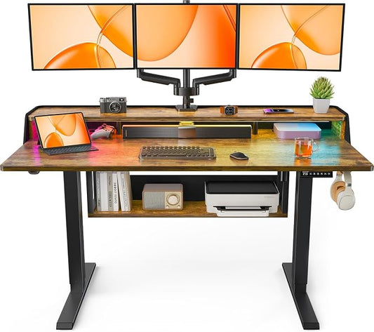 ErGear Electric Standing Desk, 55x28 Inch Adjustable Sit Stand Desk with Bookshelf & Monitor Stand, Standing Gaming Desk with LED Light Strip, Stand Up Desk for Home Office, Vintage Brown | Raised Monitor Stand, 27.9–46.9 Inch Height Range, 4 Memory Pr...