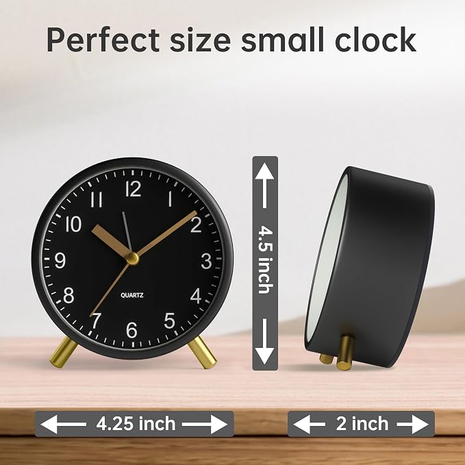 JALL Analog Alarm Clock, 4 inch Super Silent Non Ticking Small Clock with Night Light, Battery Operated, Simple Design, Easy Setting for Office, Bedroom, Bedside, Desk, Teens, Elders, Adult, Black