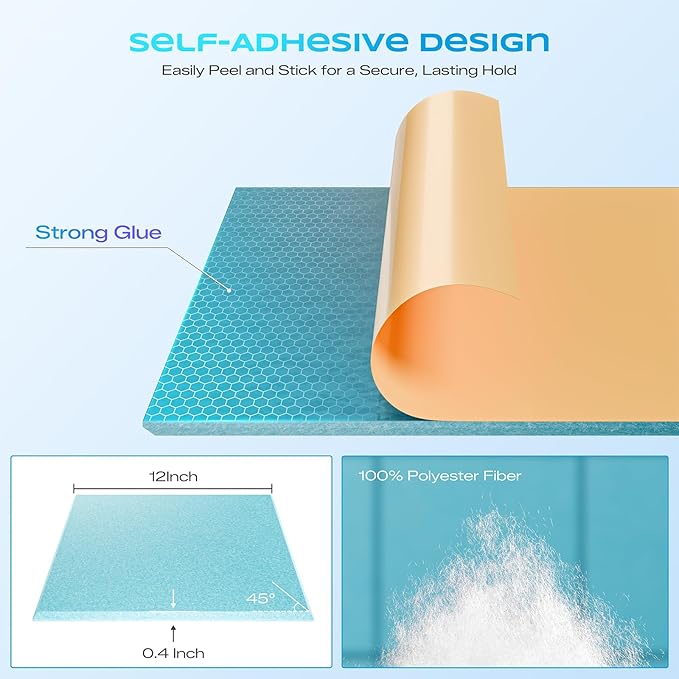 12 Pack Self-Adhesive Acoustic Panels, 12" X 12" X 0.4" High-Density Sound Proof Foam Panels for Walls, Soundproof Wall Panels for Home & Office (Aqua Blue)