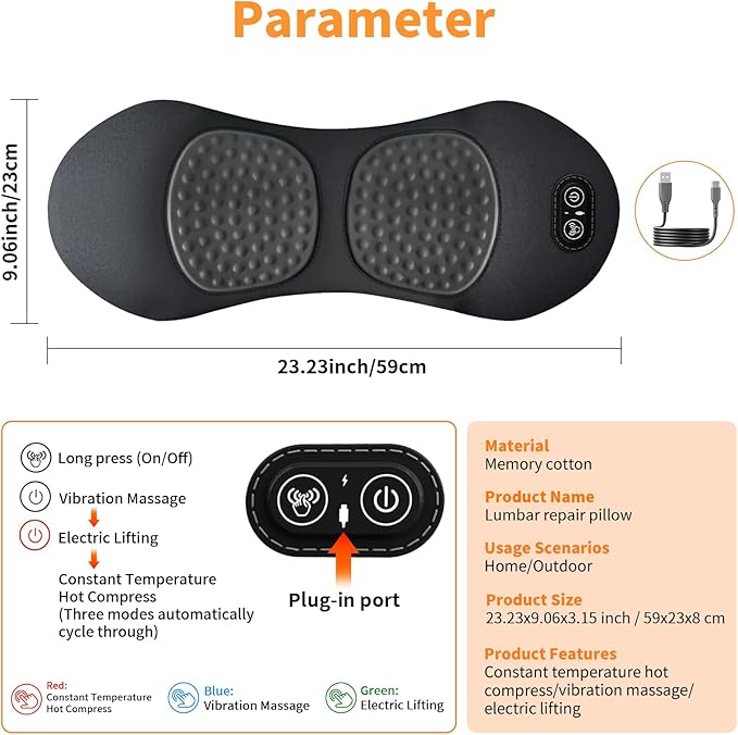 3-in-1 Electric Lumbar Support Pillow, Triple Fusion Back Massager with Heat & Massage & Traction, Back Massager for Pain Relief Deep Tissue, Designed for Daily Back Relaxation and Spine Support