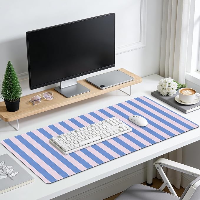 Leather Desk Pad Protector, Striped Mouse Pad, Blue Pink Office Desk Mat, Non-Slip PU Leather Desk Blotter,Laptop Desktop Pad Waterproof Desk Writing Pad for Office Home