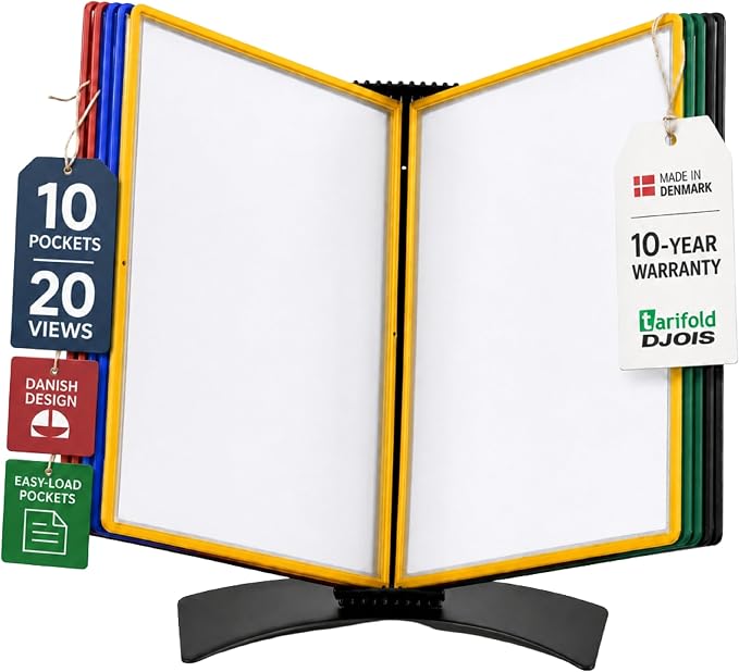 Tarifold Desktop Reference & Display System, 10 Double-Sided Pockets, 20 Sheet Capacity, Durable Metal Base, Easy-Load Polypropylene Pockets, Letter-Size, Made in Denmark, Assorted Colors