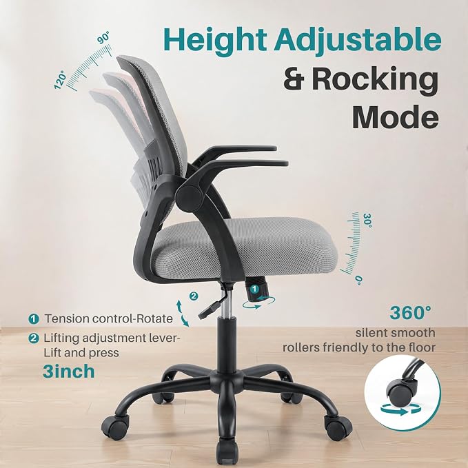 OLIXIS Ergonomic Office Desk Chair, Executive Mid-Back Computer Chair with Comfortable Lumbar Support & Rocking Mode, Height Adjustable with Flip-up Armrest, 360° Swivel, for Adults, Grey