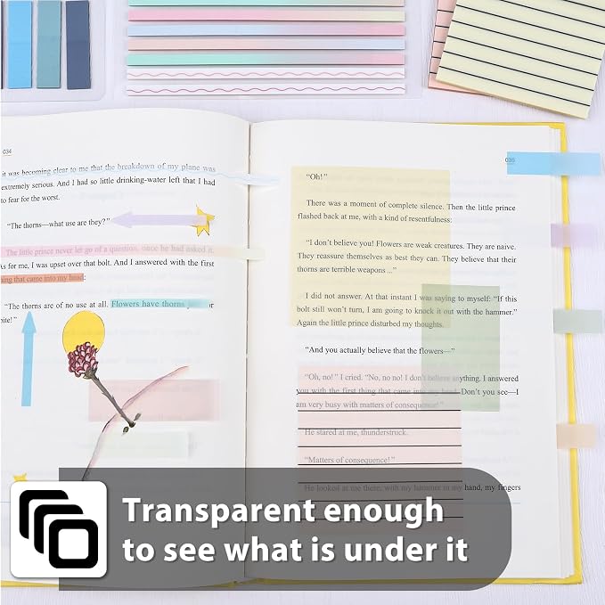 1920 Sheets Transparent Sticky Notes, Clear Tabs Long Highlighter Strips Page Markers for Books, Writable Annotation Index Flags Tapes for School Office Supplies (Multicolor Lined Set)