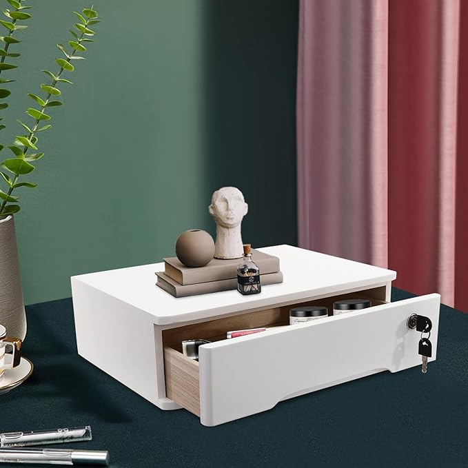 Desktop Storage Box with Lockable Drawer, Office Supplies Drawer Organizer, Wooden Desk Organizer, Small Bamboo Storage Box for Desk, Modern Desktop Drawer Organizer (White)