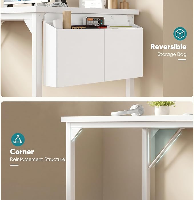 OLIXIS 63 Inch Computer Desk for Home Office, Writing Study Craft Gaming Table, Modern Computer Workstation with Storage Bag and Headphone Hook for Bedroom Small Spaces, White