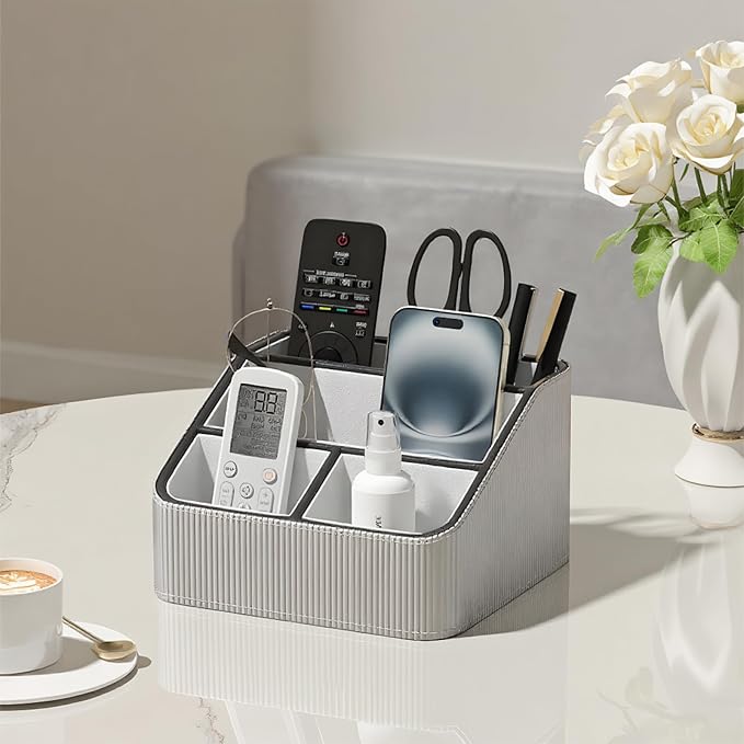 Buqoo Grey PU Leather Desk Organizer with Gold Accents | 4-Compartment Remote Holder & Stationery Caddy for Office/Nightstand (6.89in×6.69in×3.94in)