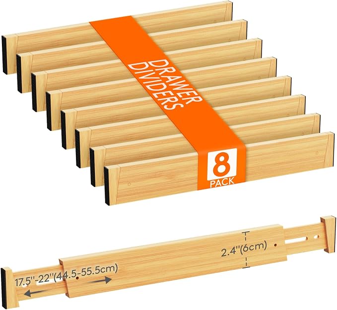 Lifewit 2.4" High 8 Pack Bamboo Drawer Dividers 45-55cm/17.5-22" Adjustable Wooden Drawer Organizer for Clothes/Utensils, Expandable Drawer Separator for Dresser/Kitchen/Bedroom/Office Organization