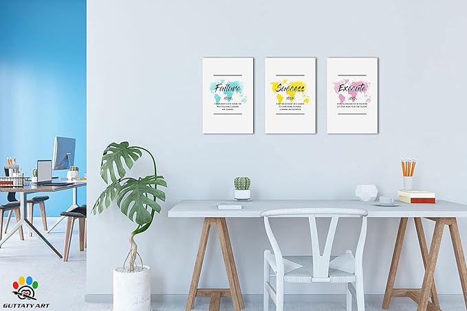 Inspirational Wall Art, Office Pictures for Wall Decor, Motivational Canvas Wall Art for Women, Failure - Success - Execute Quotes Color Map Poster Framed Artwork for Home Workplace Decor 12”x18”x3Pcs