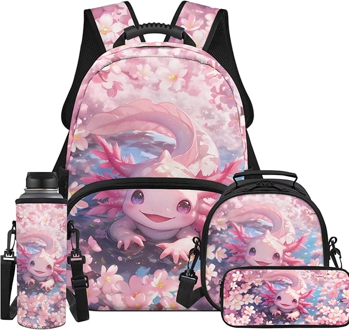 Ystardream Cartoon Axolotl Kids Elementary Backpack for Girls Backpack with Lunch Box Pencil Case Water Bottle Sleeve 4 in 1 for Middle High School Students Large Capacity Book Bag,17Inch