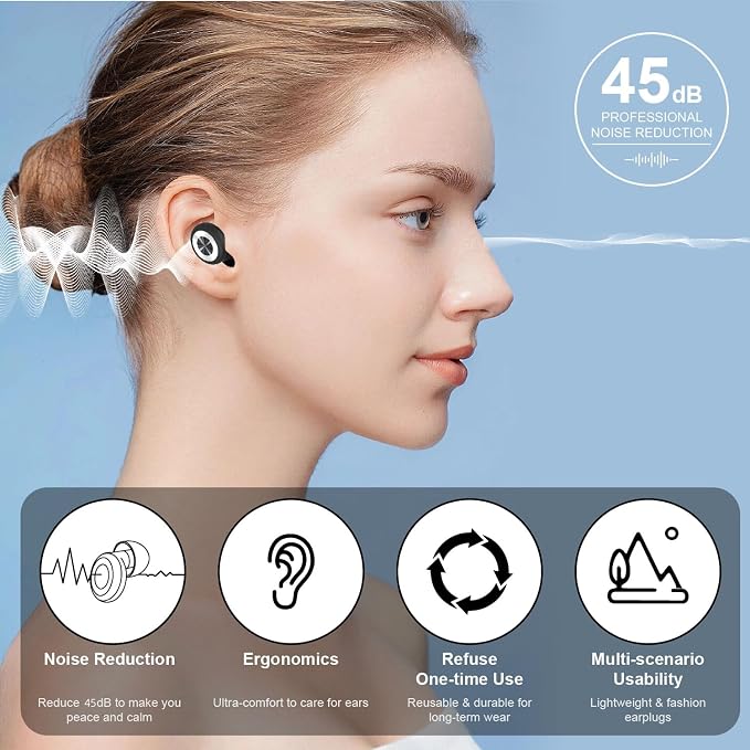 45dB Ear Plugs for Noise Reduction, Earplugs for Hearing Protection - Sleeping & Snoring, Concerts, Airplane, Socializing, Silicone Comfort Fit Ear Plugs for All-Day Noise Sensitivity Relief (Silver)