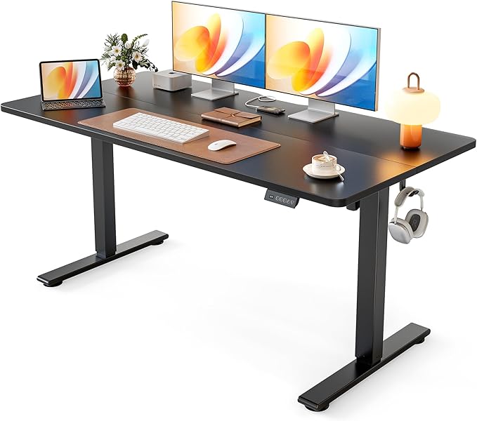 Cubiker Standing Desk, 55x28 Inches Sit Stand Home Office Desk, Electric Stand up Desk, Adjustable Desk with Splice Board, Black Frame/Black Top