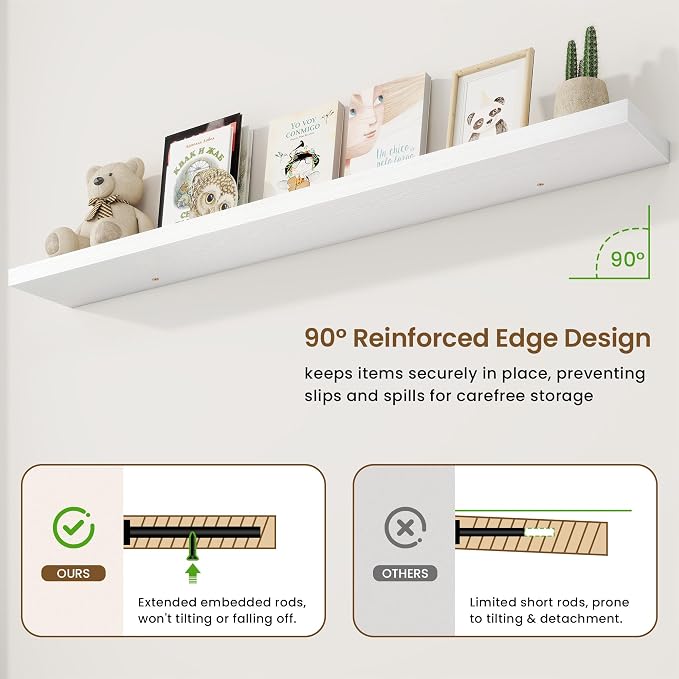 72in Floating Shelves for Wall, 72"W x 9.25"D x 1.5"H, Long Wall Mounted Engineered Wood Shelves with Invisible Brackets for Living Room, Bedroom, Bathroom, Kitchen Decor and Storage, White