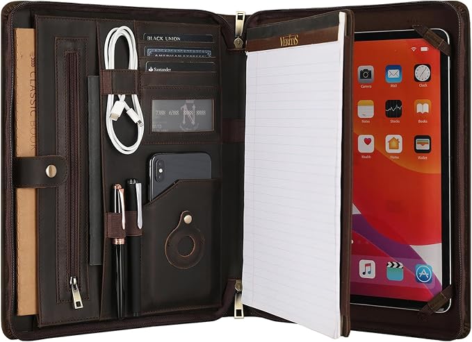 Leather Portfolio for 13 inch iPad Pro M4 (2024), Business Tablet Portfolio for Men, Personalized Padfolio, Engraved Portfolio Folder for A4 Notepad (Dark Khaki, Custom)