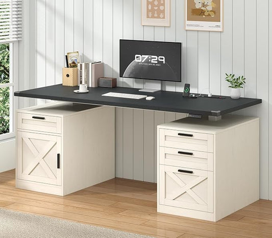 YOMILUVE 60" Farmhouse Electric Standing Desk with Drawers for Home Office | Height Adjustable Computer Desk with 4 Drawers & Storage Shelves, Wood Sit Stand Desk with Power Outlets for Work, Study