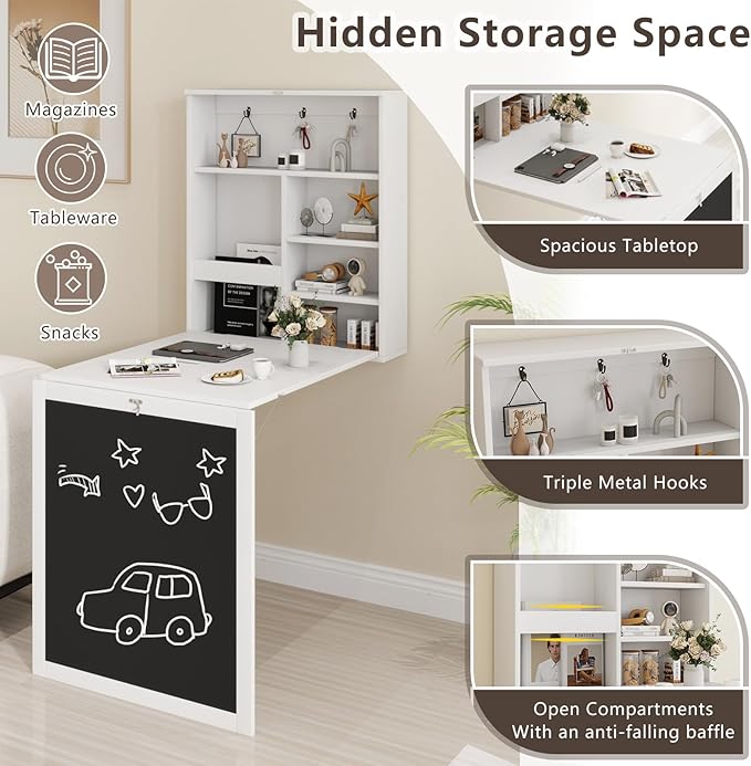 SIMOE Floating Wall-Mounted Desk, Storage Shelves and Hooks, Foldable Murphy Table with Chalkboard, Space-Saving Solution for Home Office, Bedroom, Dorm Room and Small Spaces