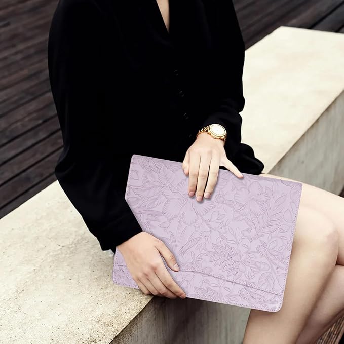 AZXCG Leather Portfolio for Women, Embossed PU Leather Padfolio with Zipper, Professional Business Document Organizer with A4 Notepad Holder, Professional Organizer for Resume/Interview(Purple)