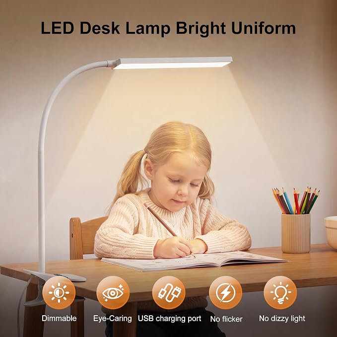Vansuny Clip on Light LED Desk Lamp with Metal Clip, 6 Level Brightness 3 Color Modes, Power by USB Port 5W Adjustable Neck Eye-Caring Reading Light for Home and Office, White