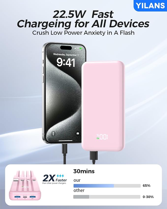 Portable Charger,50000mAh Power Bank Built-in Cable, 22.5W PD USB C In & Out Fast Charging, External Battery Pack with 6 Output & 2 Input, Travel Phone Charger for iPhone 17/16/15/14/13/12(Rosy)