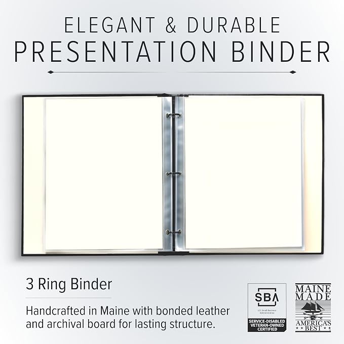 Gallery Leather 3 Ring Binder with Plastic Sleeves, Includes 10 Sheets, Sheet Size: 8.5" x 11" - Presentation Binder Rings with Window and Hubbed Spine, Thick: 1.25" Freeport Mocha